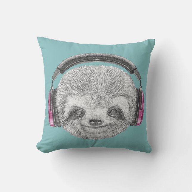 Portrait Of Sloth | Wearing Headphones Throw Pillow (Front)
