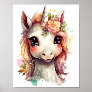 Portrait Of Watercolor Cute Unicorn With Flowers  Poster
