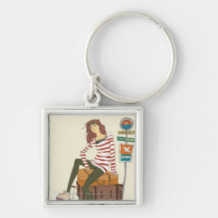 Portrait of young woman sitting on suitcase keychain