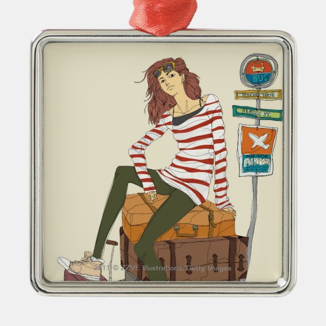Portrait of young woman sitting on suitcase metal ornament (Front)