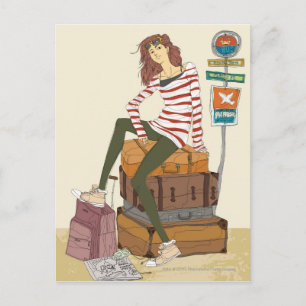 Portrait of young woman sitting on suitcase postcard