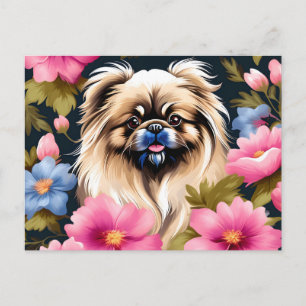 Portrait Pekingese  And Flowers Postcard