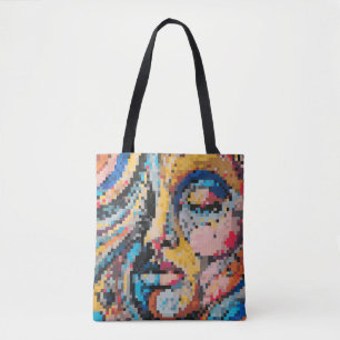 Portrait pixelisé vibrant en couleurs chaudes tote bag