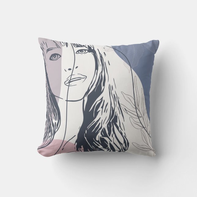 Portrait sketch, tropical plants colourful shapes  throw pillow (Front)