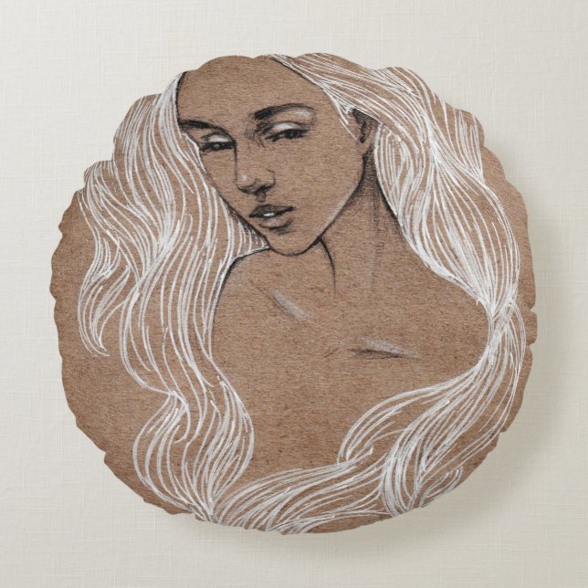 Portrait Sketch: Young Girl Illustration Round Pillow (Front)