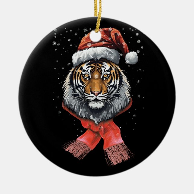 Portrait Tiger Santa Merry Christmas Wildlife Anim Ceramic Ornament (Front)