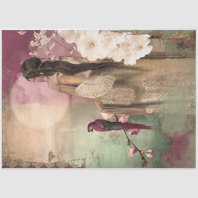 Portrait Woman and Parrot Colorful Art Tissue Paper (Front)