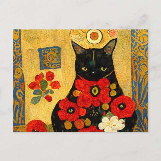 Porträt einer schwarzen Katze im Jugendstil Design Postcard (Front)