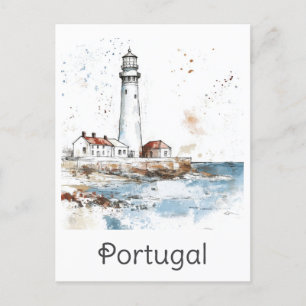 Portugal Lighthouse Coast Watercolor Travel Postcard