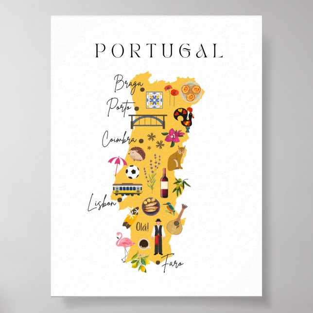 Portugal map with main cities and various symbols poster (Front)