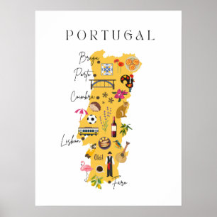 Portugal map with main cities and various symbols poster