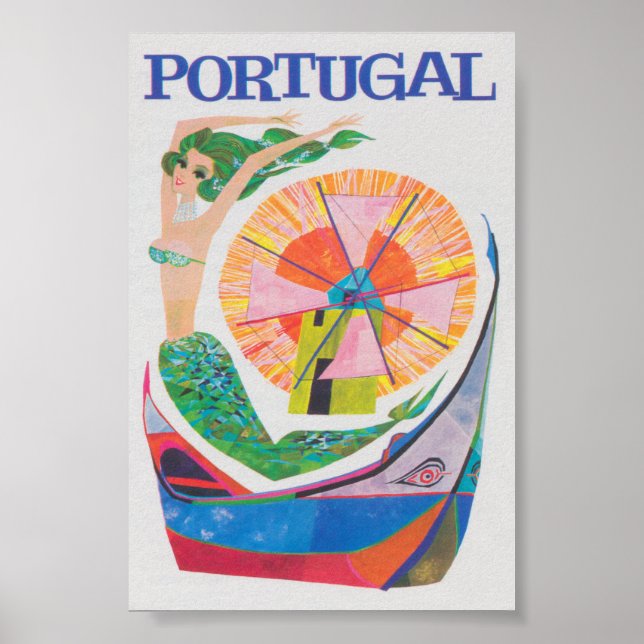 Portugal, Mermaid, Colourful Retro Vintage Travel Poster (Front)