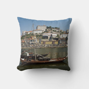Portugal, Porto, Boat With Wine Barrels Throw Pillow