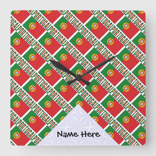 Portugal Portuguese Flag Tiled Personalized Name  Square Wall Clock (Front)