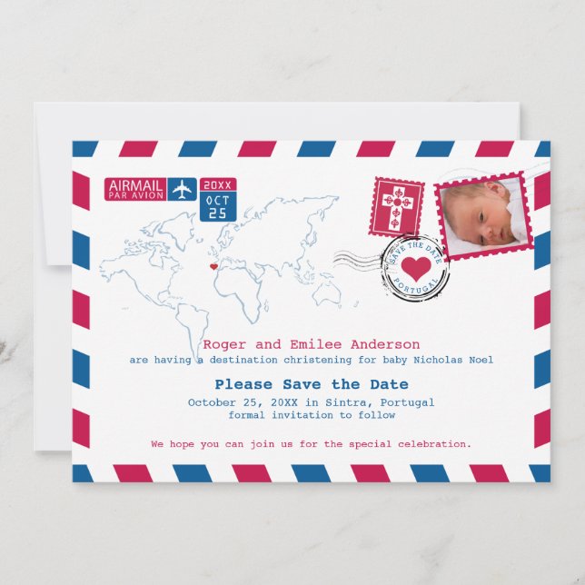 Portugal Red Blue Airmail Photo Baptism Save The Date (Front)