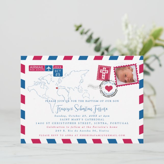 Portugal Red Blue Airmail Photo Baptism  Save The Date (Standing Front)