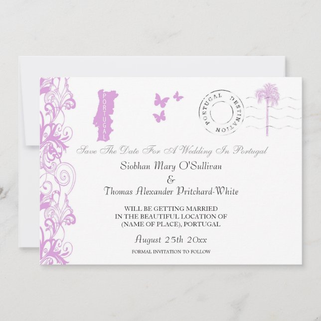 Portugal Save The Date In Plum And White (Front)