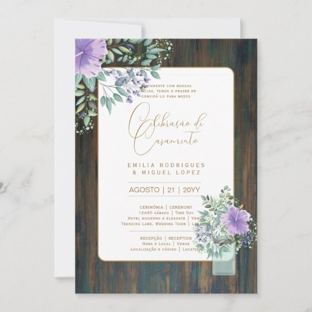 Portugeuse |  Casamento Flores Folclóricas Rústica Invitation (Front)