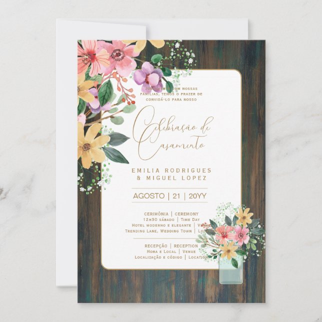 Portugeuse |  Casamento Flores Folclóricas Rústica Invitation (Front)