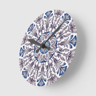 Portuguese Azulejo Blue Floral Pattern Wall Clock