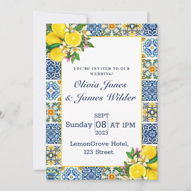 Portuguese Azulejo Lemon Tiles Wedding Invitation (Front)