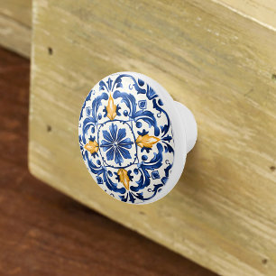 Portuguese Azulejo Pattern Blue White Yellow Ceramic Knob