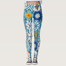Portuguese Azulejo Tile Leggings – Blue & Yellow M