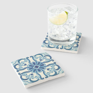 Portuguese Azulejos Blue Floral Pattern Stone Coaster