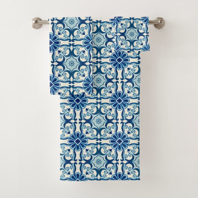Portuguese Azulejos Blue Floral Tile Pattern Bath Towel Set (Insitu)