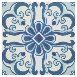 Portuguese Azulejos Blue Floral Tile Pattern Fabric