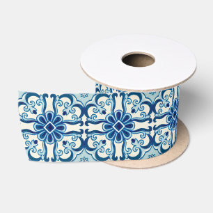 Portuguese Azulejos Blue Floral Tile Pattern Satin Ribbon