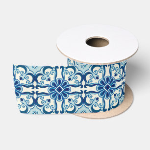 Portuguese Azulejos Blue Floral Tile Pattern Satin Ribbon