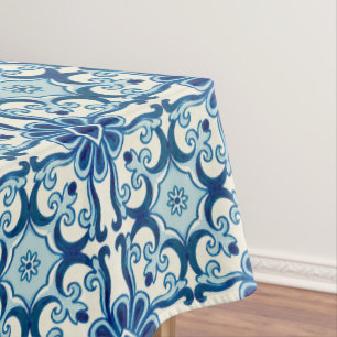 Portuguese Azulejos Blue Floral Tile Pattern Tablecloth