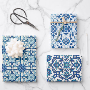 Portuguese Azulejos Blue Floral Tile Pattern Wrapping Paper Sheet
