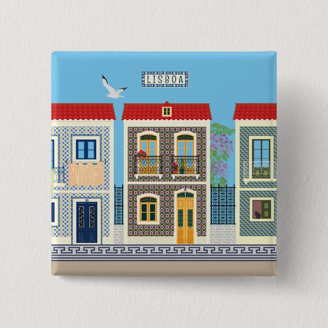 Portuguese beautiful houses with tiles or azulejos 2 inch square button (Front)