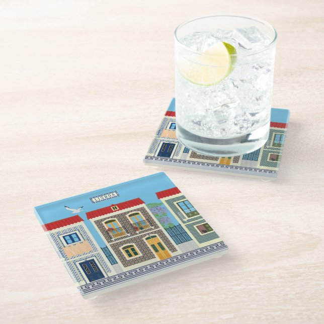 Portuguese beautiful houses with tiles or azulejos glass coaster (Angled)