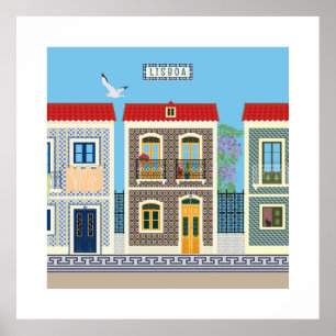 Portuguese beautiful houses with tiles or azulejos poster