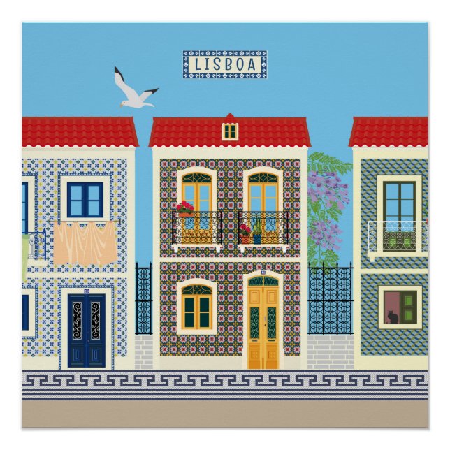 Portuguese beautiful houses with tiles or azulejos poster (Front)