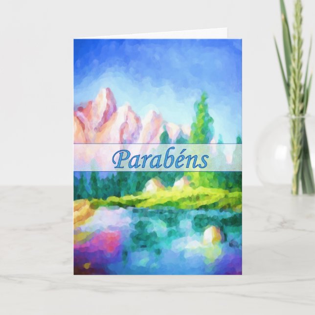 Portuguese Birthday Pink Mountain Vertical Card (Front)