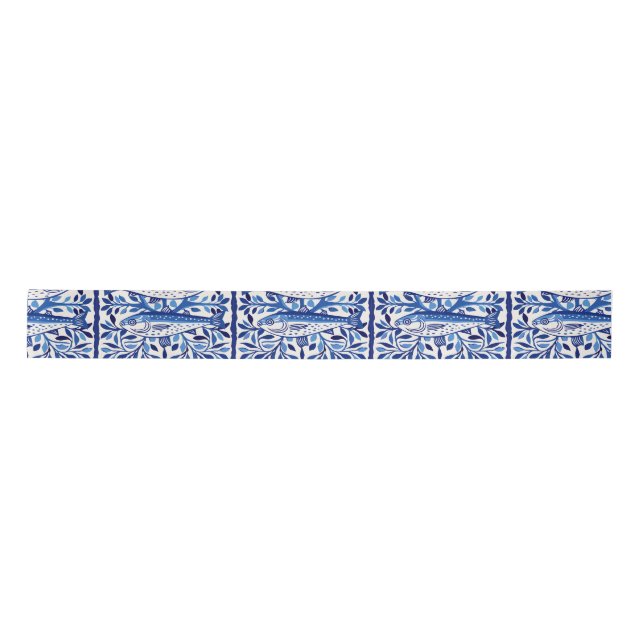 Portuguese Blue and White Sardine Satin Ribbon (Front)