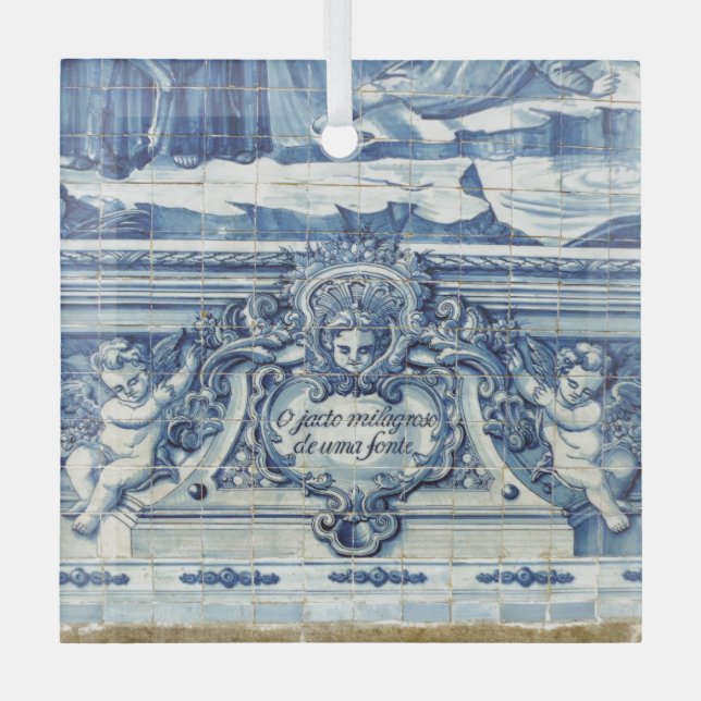 Portuguese blue and white wall tiles with angels glass ornament (Front)