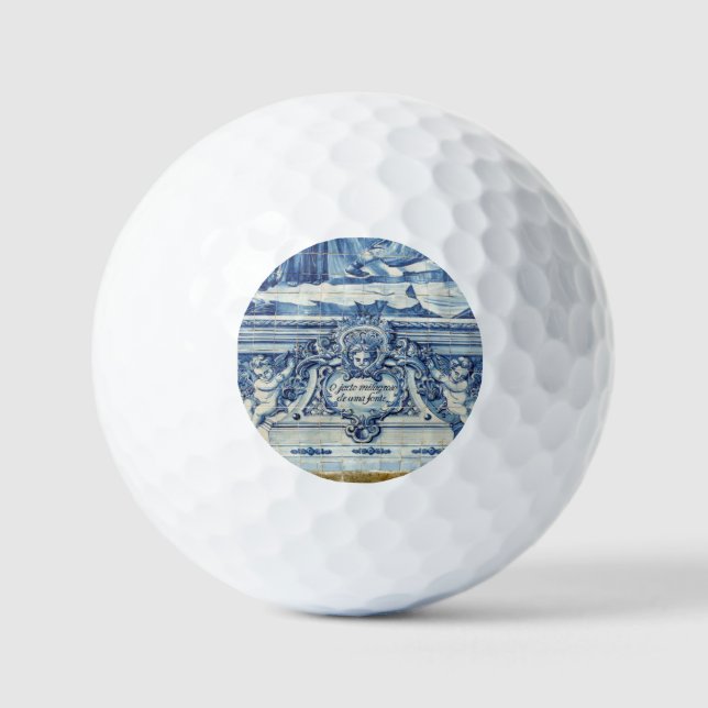 Portuguese blue and white wall tiles with angels golf balls (Front)