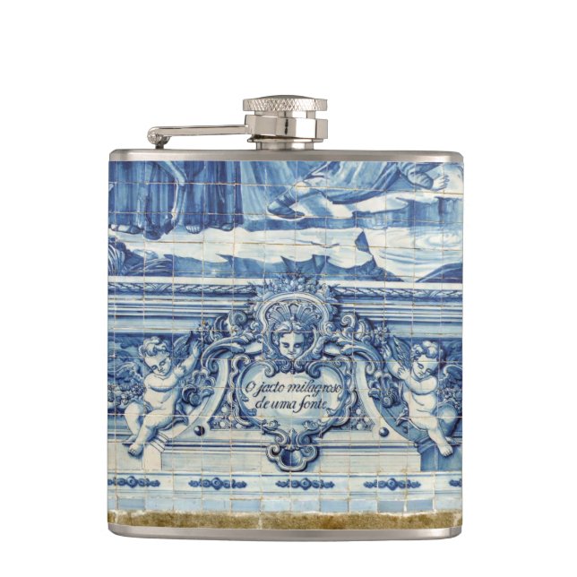 Portuguese blue and white wall tiles with angels hip flask (Front)