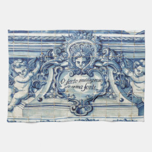 Portuguese blue and white wall tiles with angels kitchen towel