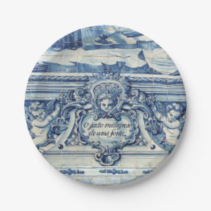 Portuguese blue and white wall tiles with angels paper plate