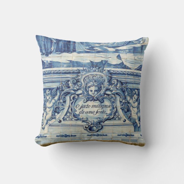Portuguese blue and white wall tiles with angels throw pillow (Front)