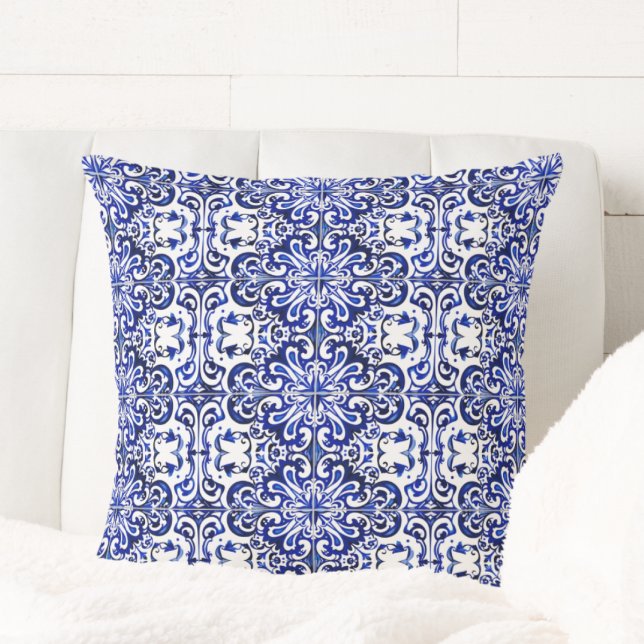 Portuguese Blue Azulejo Tile Pattern Throw Pillow (Creator Uploaded)