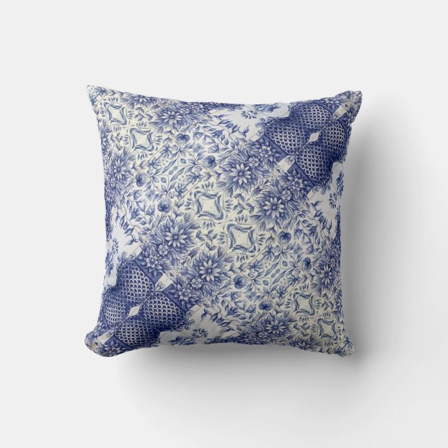 Portuguese blue tile art throw pillow (Front)