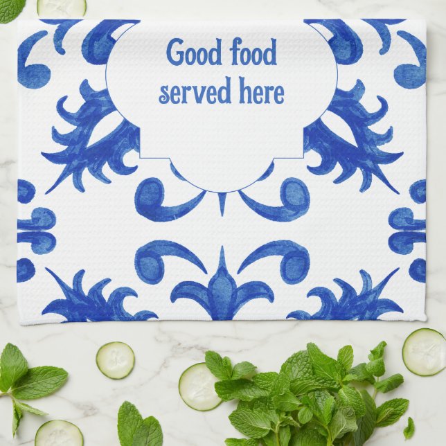 Portuguese Blue Tile central round medallion Kitchen Towel (Folded)