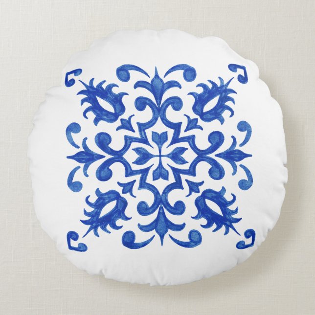 Portuguese Blue Tile central round medallion Pillow (Front)